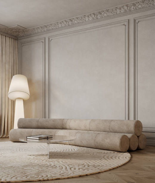 istock Minimalism classic beige interior with tube sofa, floor lamp, moldings and decor. 3d render illustration mockup. 2198674270