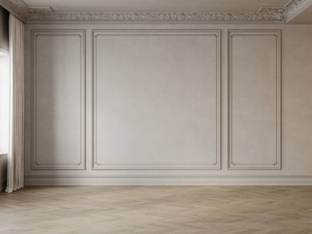 istock Empty beige classic interior with blank wall, moldings, stucco and chevron wood floor. 3d render illustration mockup. 2198674300