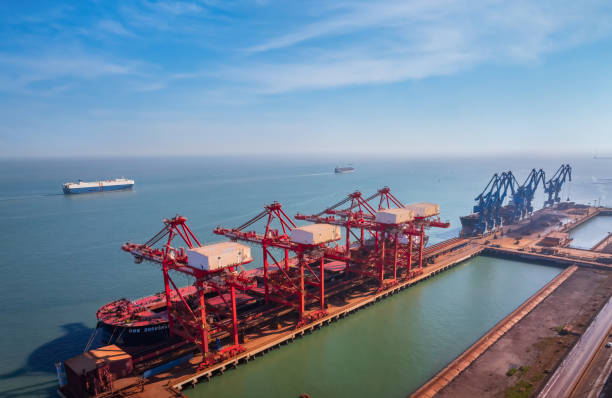 Aerial view of cargo ship in transit.