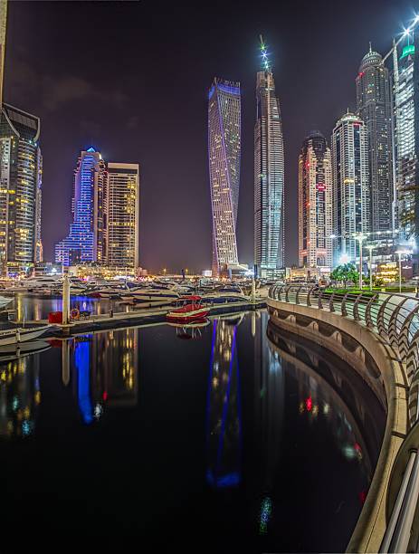 istock Panoramic night view of Dubai Marina skyline with waterfront reflections 2198681234