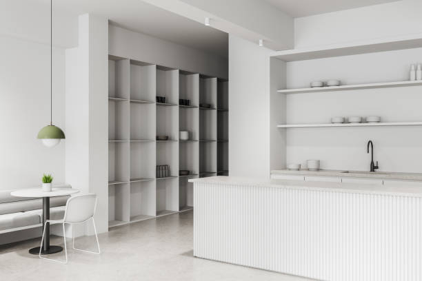 istock Modern minimalistic kitchen with white cabinets, large window, and wooden floor. 3D Rendering 2198683030