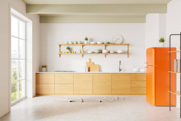 istock Modern minimalistic kitchen with white cabinets, large window, and wooden floor. 3D Rendering 2198683072