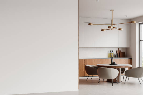 istock Modern wooden kitchen interior with large window and natural light. 3D Rendering 2198683325