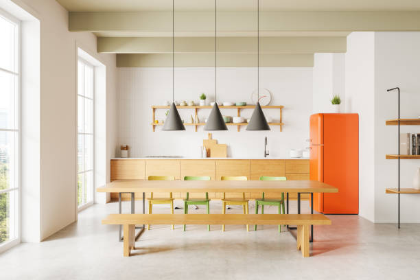 istock Modern wooden kitchen interior with large window and natural light. 3D Rendering 2198683434