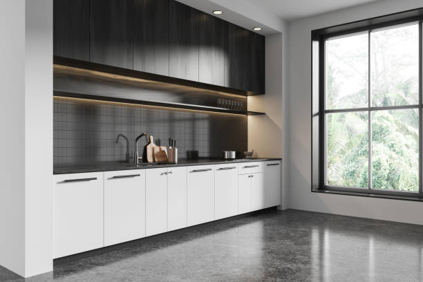 istock Modern wooden kitchen interior with large window and natural light. 3D Rendering 2198683526