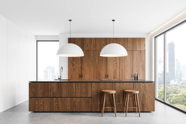 istock Modern wooden kitchen interior with large window and natural light. 3D Rendering 2198684447