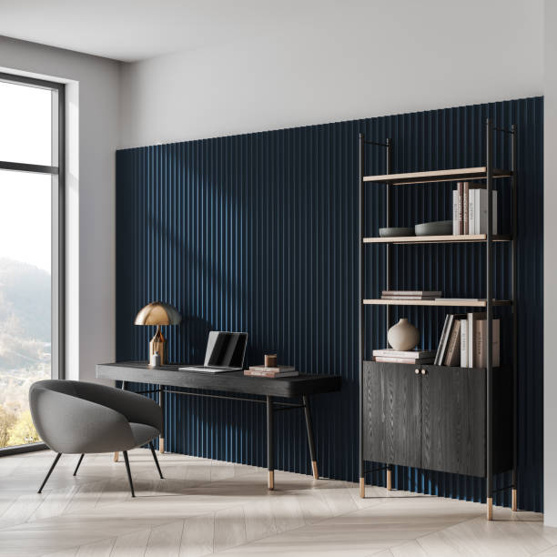 istock Modern home office desk setup with grey chair and laptop. 3D Rendering 2198684639