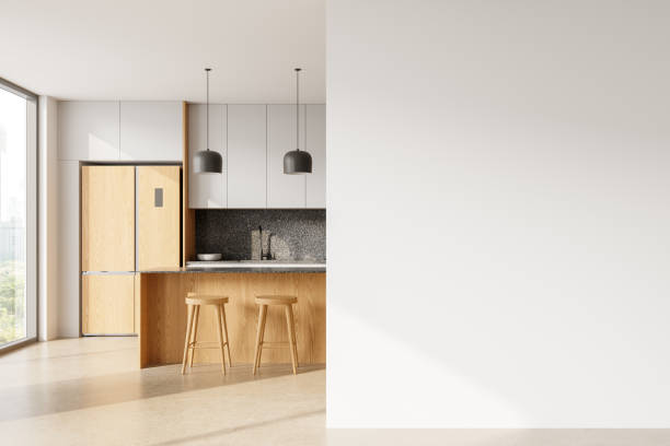 istock Modern wooden kitchen interior with large window and natural light. 3D Rendering 2198684864