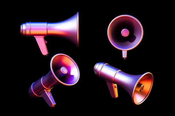 istock Colorful megaphones with vibrant gradients on a dark background. 3D Rendering 2198685036
