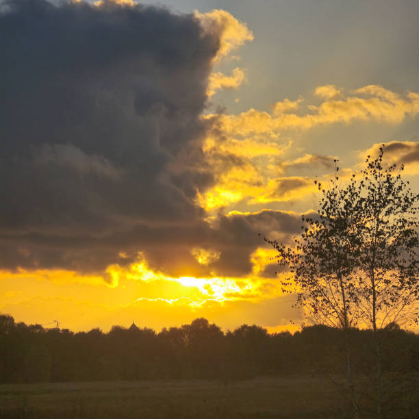 An incredibly tranquil sunset casting stunning golden hues over a picturesque landscape dotted with scattered clouds Hannover Langenhagen