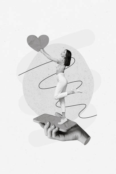 istock Creative abstract collage template graphics image of charming dreamy standing cell phone touch screen rising heart isolated drawing background 2198697978
