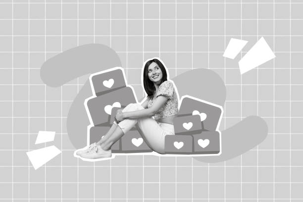 istock Photo sketch collage graphics artwork picture of charming dreamy lady sitting hearts stack isolated drawing background 2198697986
