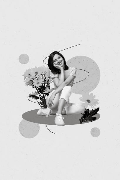 istock Creative abstract collage template graphics image of smiling charming lady enjoying flower aroma isolated drawing background 2198698208