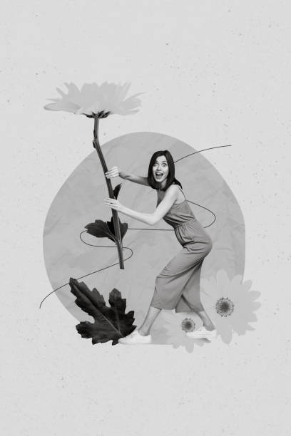 istock 3d retro abstract creative collage artwork template of happy funny lady rising big huge flower isolated painting background 2198698276