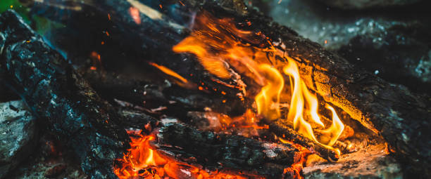 istock Vivid smoldered firewoods burned in fire closeup. Atmospheric background with orange flame of campfire. Full frame image of bonfire with sparks in bokeh. Warm vortex of glowing embers and ashes in air 2198701769