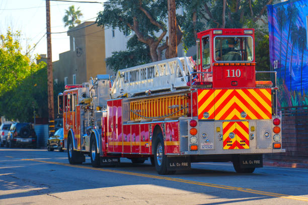 Los Angeles, California - December 18, 2024: Fire truck parked on street in Venice, Los Angeles, showcasing emergency response vehicles and urban environment.