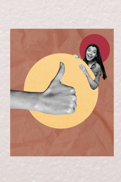 istock Trend artwork poster composite sketch image collage of sign gesture body language showing thumb like success young lady head appear smile 2198702399