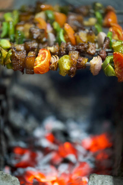 Close up view of pork kabab with vegetables on top of charcoal flame