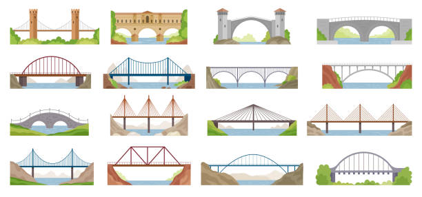 istock Bridges. Architectural set buildings for easy way of urban vehicles recent vector bridges illustrations in flat style 2198707556
