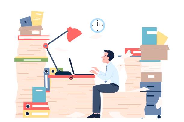 istock Office worker working at laptop. Paper piles, folders and different documents. Tax consultant, accountant, lawyer, teacher, paperwork vector scene 2198707588