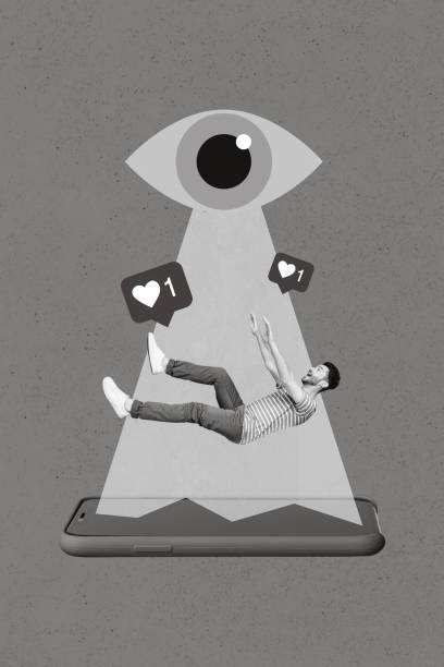 istock Collage photo of young falling down addicted smartphone blogger user student guy need more popular shares spy eye isolated on blue color background 2198707884