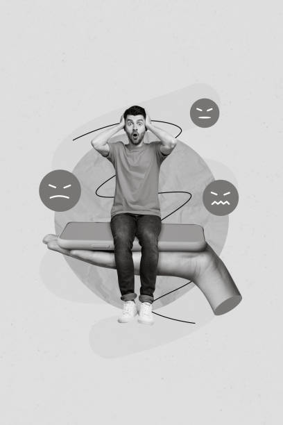 istock 3d retro abstract creative artwork template collage of astonished shocked man sitting hand holding smartphone negative comment social media 2198707934