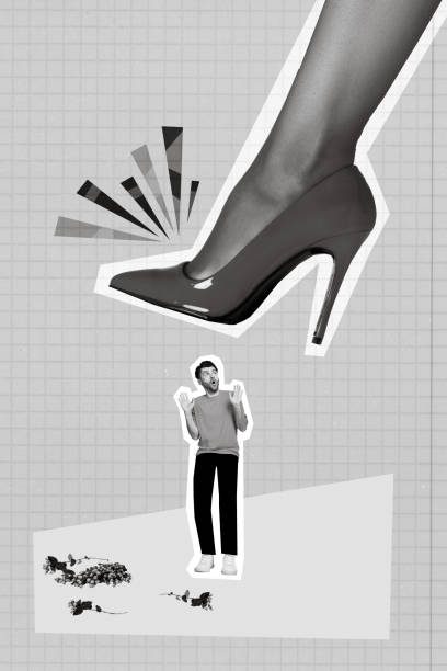 istock Creative photo 3d collage artwork poster postcard of stressed depressed guy under gir high heel isolated on painting background 2198708136