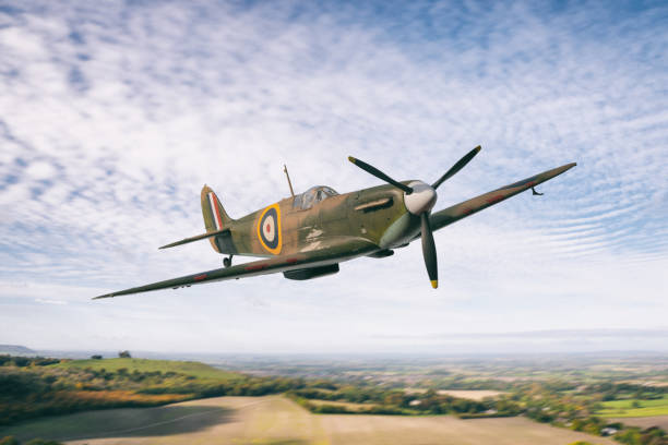 Iconic World War Two Spitfire Fighter Plane In Flight, Scale Model Photography