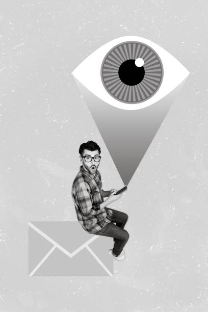 istock Creative retro 3d magazine collage image of eye peeking guy browsing instagram twitter telegram isolated painting background 2198709160