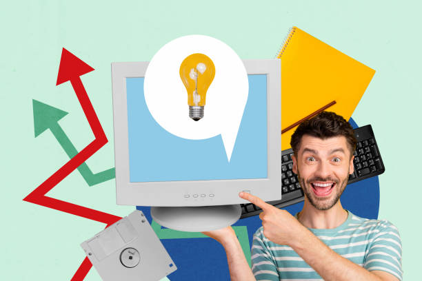 istock Sketch image artwork composite 3D photo collage of goal development success computer monitor idea lamp young guy smile finger point arrow 2198709199