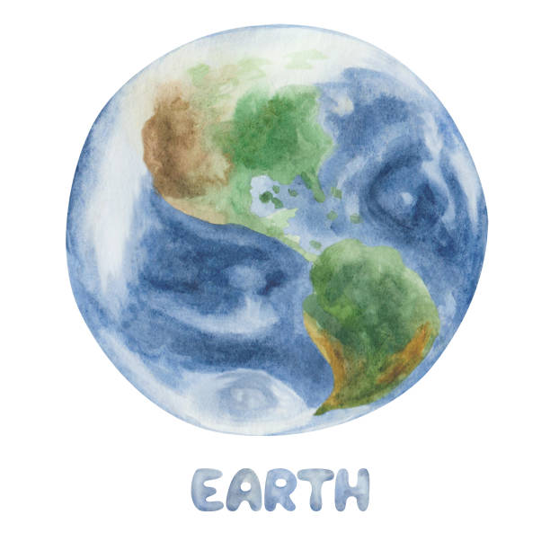 istock Watercolor illustration. Hand painted blue, green planet Earth from outer space with oceans, continents, name. Solar system. Earth Day. World Space Week. National Space Day 2198709269