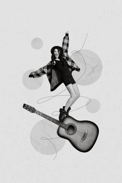Creative photo 3d collage artwork poster postcard of overjoyed happy lady performing first big concert isolated on painting background.