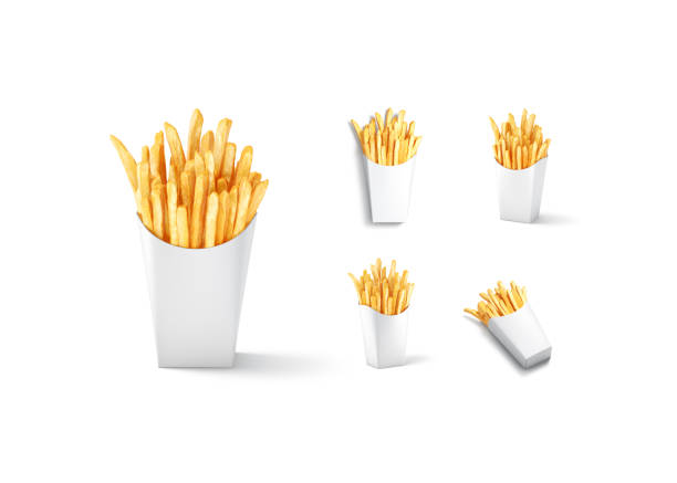 Blank white paper pack with french fries mockup, different views, 3d rendering. Empty crispy potatoes in carton packaging mock up, isolated. Clear takeaway bucket with crunchy finger chips template.