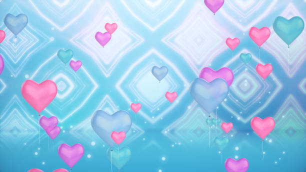 3d Animation Colorful Heart Balloons Flying on Turquoise Light Abstract Background, Birthday and special occasion celebration concept