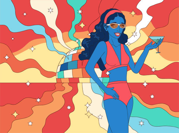 A bold and vibrant pop art-style illustration featuring a glamorous woman in a swimsuit, set against a dazzling seaside sunset with disco aesthetics. A fusion of retro summer vibes, neon colors, and stylish energy, perfect for trendy designs and wall art