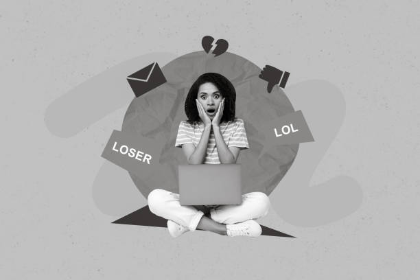 istock Creative collage image of impressed unsatisfied girl use netbook receive online abuse hateful messages isolated on drawing background 2198718173