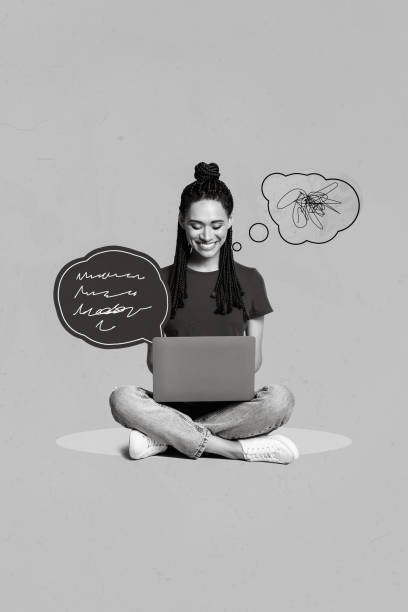 istock Vertical collage picture of positive black white effect girl use netbook chatting communicate isolated on purple background 2198718256