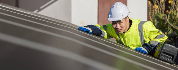 istock Engineer service check installation solar cell on the roof of factory. Engineers walking on roof inspect and check solar cell panel. Engineer working inspection installation solar cell on the roof 2198718905
