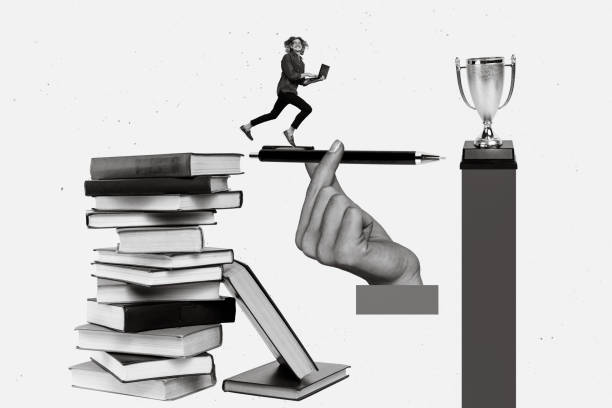istock Creative photo collage illustration of positive funny optimistic smart guy running on hand hold pen isolated on white color background 2198719509