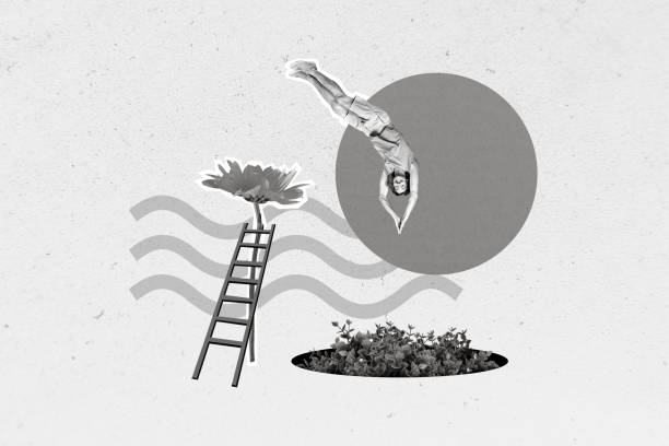 istock Creative collage artwork picture of little excited black white effect guy jumping diving green flower plant isolated on drawing background 2198719549