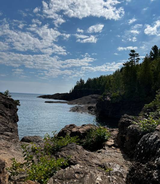 istock Rocky Shoreline with Lush Forest – Scenic Coastal View Under a Bright Sky 2198724635