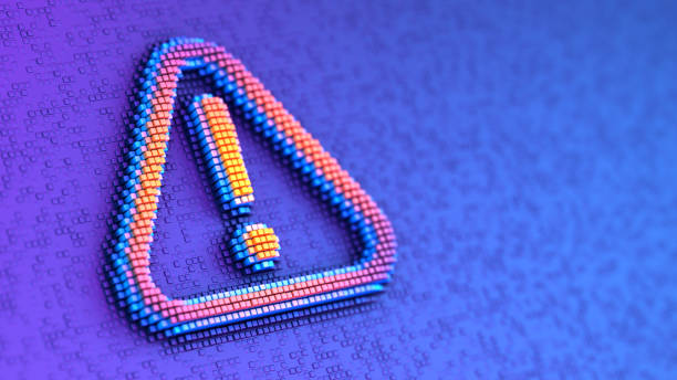 istock Exclamation mark icon on the digital futuristic blue background. Security alert. 3d Illustration with bright colors and pixelated technology. 2198725636