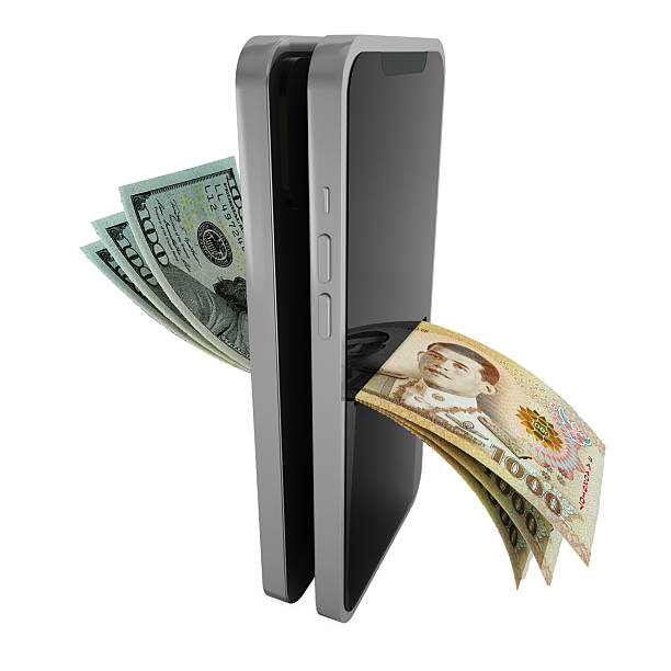istock US dollar and Thai baht notes exchanging through mobile phone, Online money transfer, electronic payment systems, Mobile banking. currency exchange concept. isolated on a white background 2198727740
