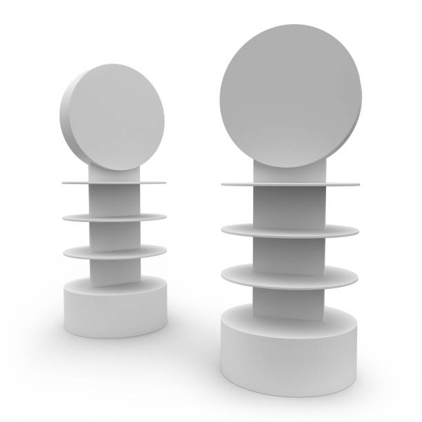 istock Supermarket Promotional Display Rack, Empty Product Display Shelf and Round Header, PDQ Display Box With Two Different View.  3D Render. 2198730496
