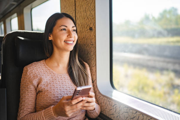 istock Young Woman Relaxing on Train Holding Smartphone Looking Out Window 2198731954