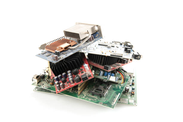 istock Electronic waste of main board computer - old TV circuit boards from recycle industry isolated on white background 2198735335