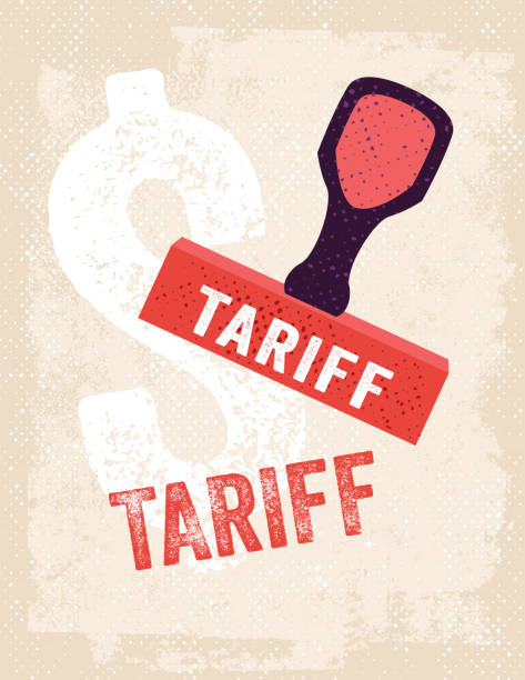 Tariffs Between Canada And United States Tariffs Between United States And Canada. Textured tariffs word with retro rubber stamp and the flags of the United States & Canada. tariff stock illustrations