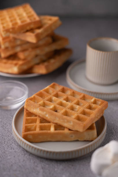 istock photo Deliciously Golden Waffles on Ceramic Plates for Breakfast or Brunch Time Featuring Crispy Texture and Perfectly Baked Batter, Ideal for Sweet or Savory Toppings 2198741925