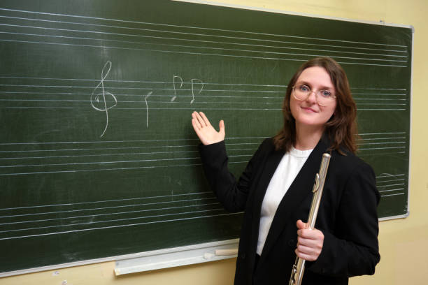 istock The music professor is happily explaining the notes on the blackboard in front of the students. The school teacher, with a smile on her face, is standing by the blackboard, teaching music to the class 2198744374