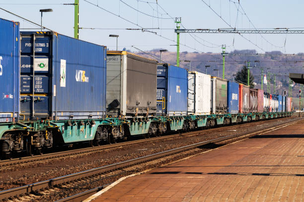 Zalaszentivan, Hungary - March 7, 2021: Container shipping. Global freight and transport. International transportation.